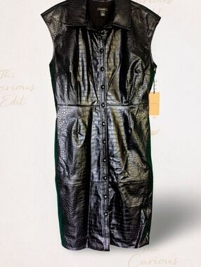Halogen Faux Leather Croc Embossed Shirt Dress Black Sleeveless Button Front